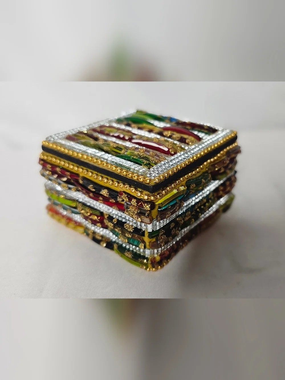 Two's Company Mosaic Glass Bangle Jewelry Box Multi-Color India Handmade 3x3